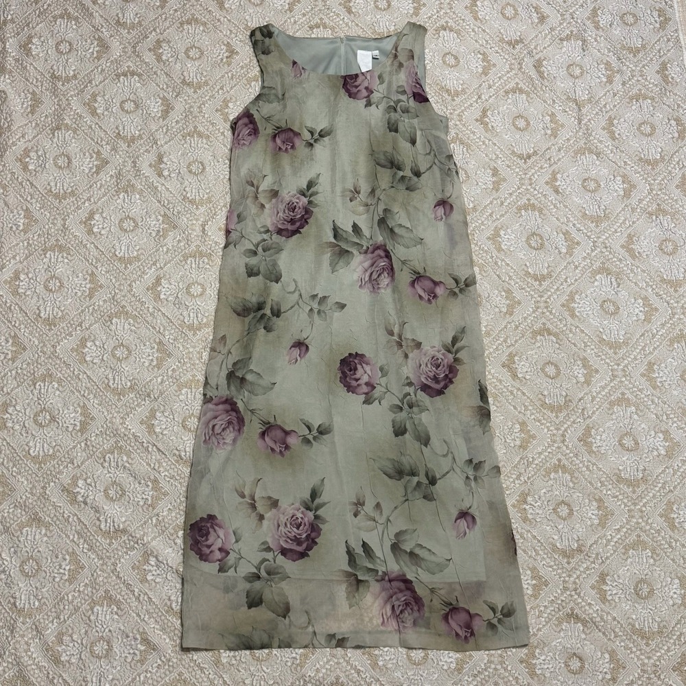 VTG 90s Y2K Green‎ Floral Shift Dress Crinkle Fairy Cottage Core Whimsigoth Maxi